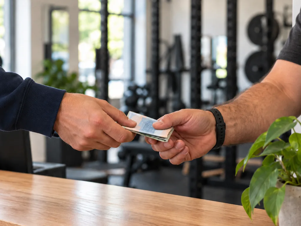 A member handing cash across the front desk to the gym owner