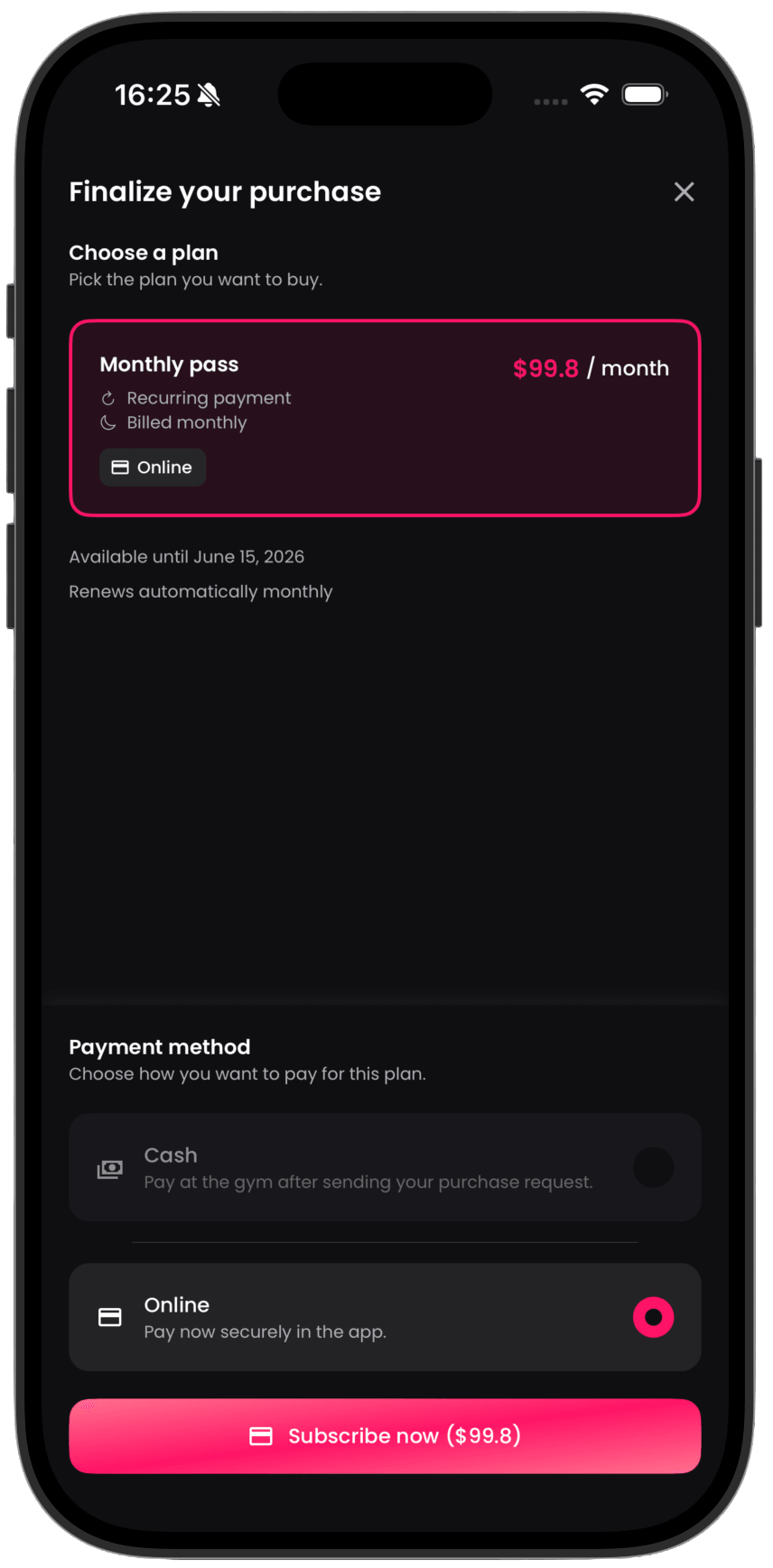 Buying a gym membership in the GymHunter app