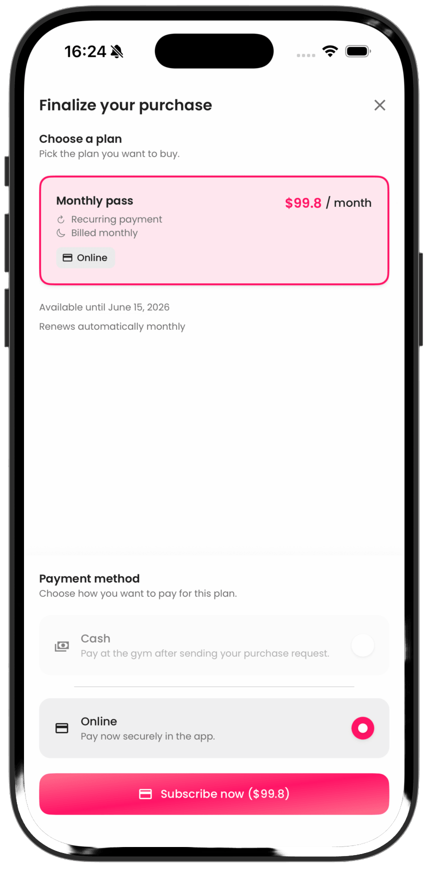 Buying a gym membership in the GymHunter app